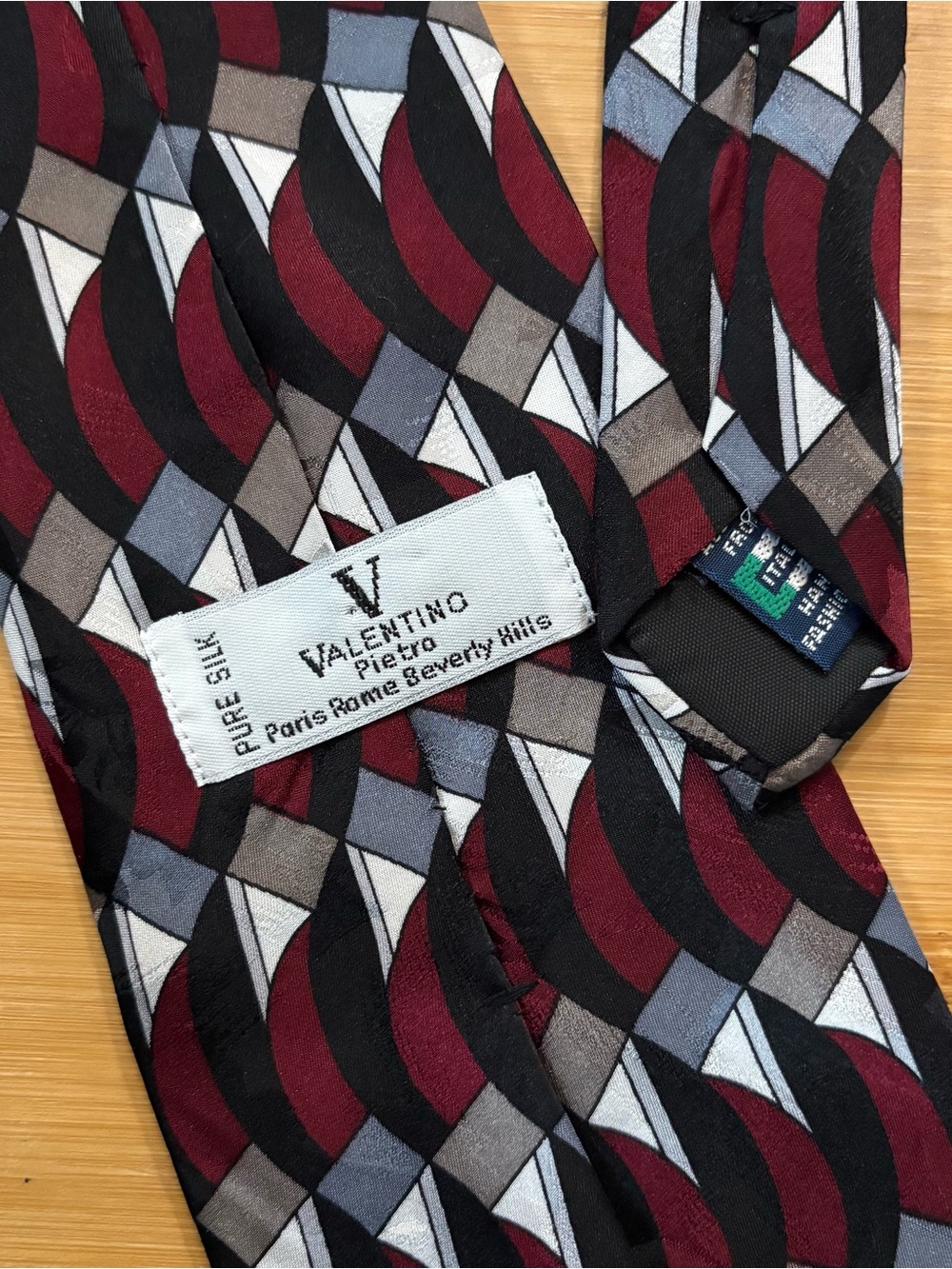 Vintage Valentino Men’s Pure Silk Geometric Tie Burgundy Black Gray Blue